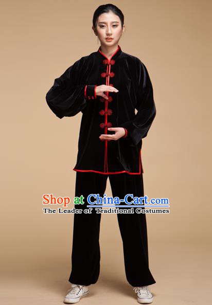 Top Grade Chinese Kung Fu Black Velvet Costume China Martial Arts Training Uniform Tai Ji Wushu Clothing for Women