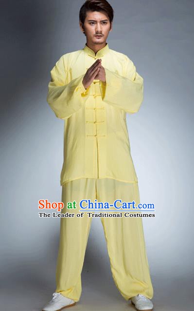 Top Grade Chinese Kung Fu Plated Buttons Costume, China Martial Arts Tai Ji Training Yellow Uniform Gongfu Clothing for Men