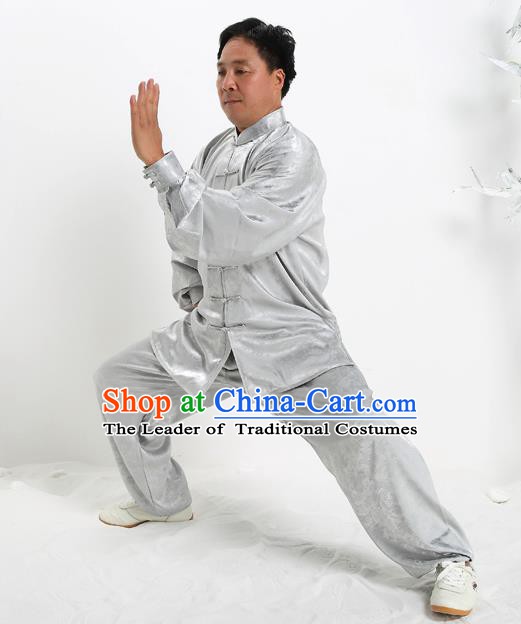 Top Grade Chinese Kung Fu Grey Silk Costume, China Martial Arts Tai Ji Training Uniform Gongfu Clothing for Men