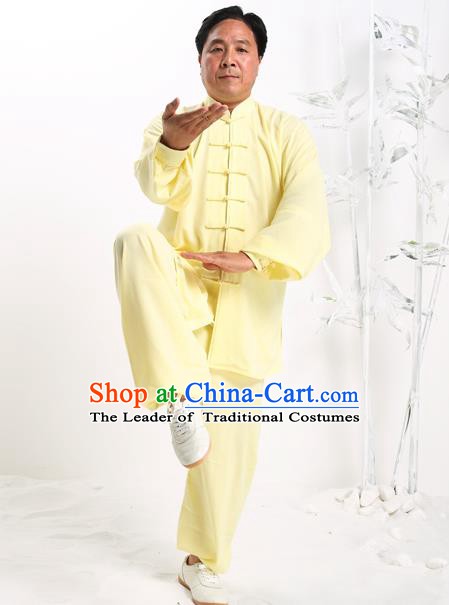 Top Grade Chinese Kung Fu Costume Tai Ji Training Yellow Uniform, China Martial Arts Gongfu Clothing for Men