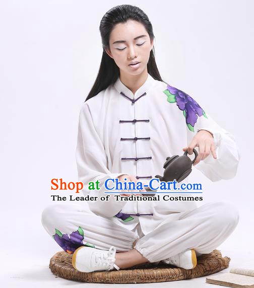 Top Grade Chinese Kung Fu Costume Martial Arts Printing Purple Peony Uniform, China Tai Ji Wushu Plated Buttons Clothing for Women