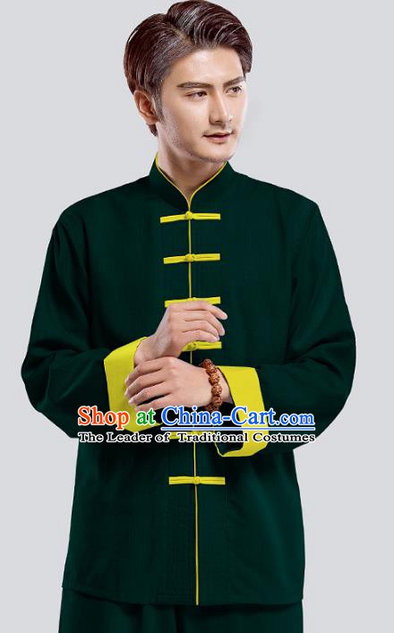 Top Grade Chinese Kung Fu Costume Tai Ji Training Green Uniform, China Martial Arts Tang Suit Gongfu Clothing for Men