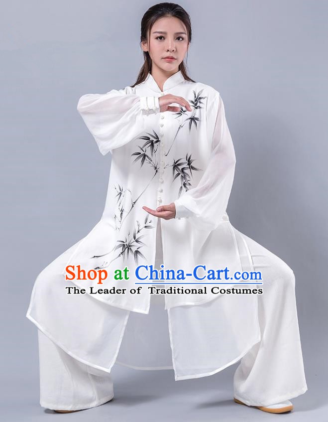 Top Grade Chinese Kung Fu Costume Martial Arts Printing Bamboo White Uniform, China Tai Ji Wushu Plated Buttons Clothing for Women