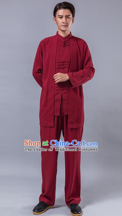 Top Grade Chinese Kung Fu Costume Tai Ji Training Red Linen Uniform, China Martial Arts Tang Suit Gongfu Clothing for Men