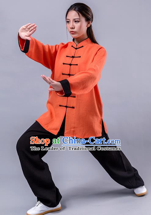 Top Grade Chinese Kung Fu Costume Martial Arts Orange Uniform, China Tai Ji Wushu Plated Buttons Clothing for Women