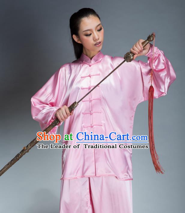 Top Grade Chinese Kung Fu Plated Buttons Pink Costume, China Martial Arts Uniform Tai Ji Wushu Clothing for Women