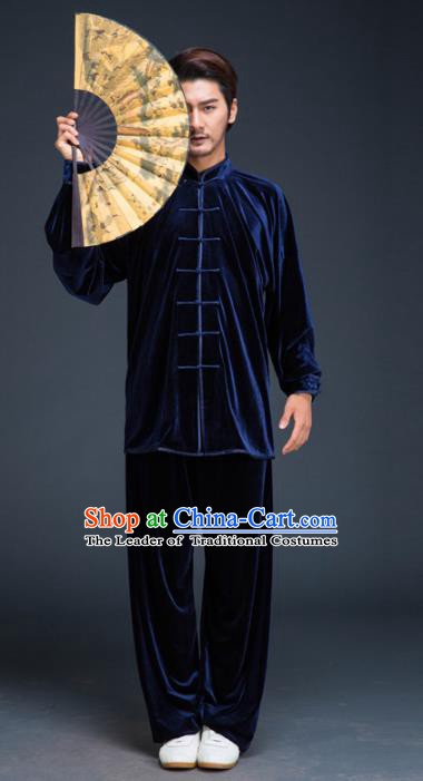 Top Grade Chinese Kung Fu Costume Tai Ji Training Blue Pleuche Uniform, China Martial Arts Gongfu Clothing for Men