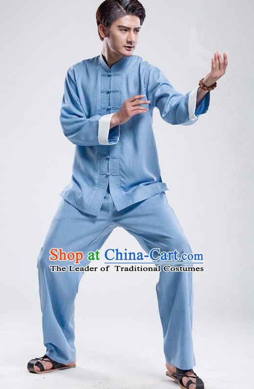 Top Grade Chinese Kung Fu Costume Tai Ji Training Blue Uniform, China Martial Arts Gongfu Clothing for Men