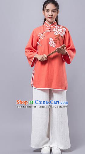 Top Grade Chinese Kung Fu Orange Costume Martial Arts Printing Peony Uniform, China Tai Ji Wushu Clothing for Women