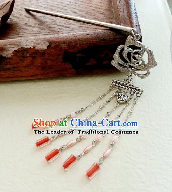 Traditional Handmade Chinese Ancient Classical Hair Accessories Rose Tassel Hairpins Headwear for Women