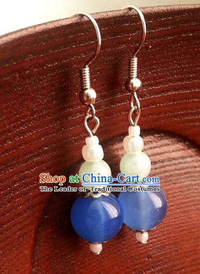 Traditional Chinese Handmade Ancient Princess Hanfu Blue Beads Eardrop Classical Palace Lady Earrings for Women