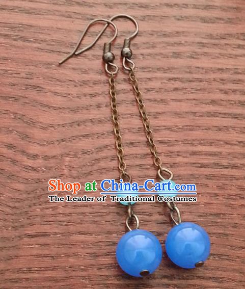 Traditional Chinese Handmade Classical Hanfu Blue Bead Eardrop Ancient Palace Princess Earrings for Women