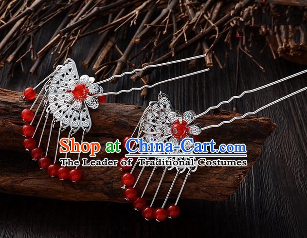 Handmade Asian Chinese Classical Hair Accessories Ancient Red Beads Tassel Hairpins Headwear for Women