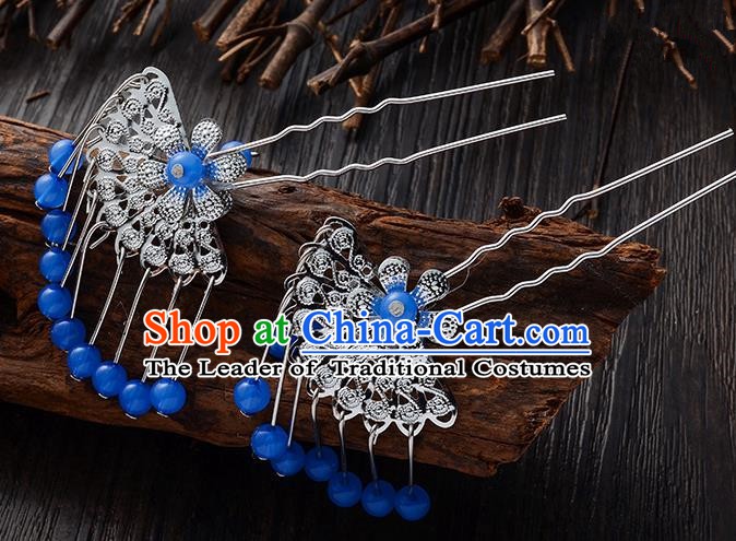 Handmade Asian Chinese Classical Hair Accessories Ancient Deep Blue Beads Tassel Hairpins Headwear for Women