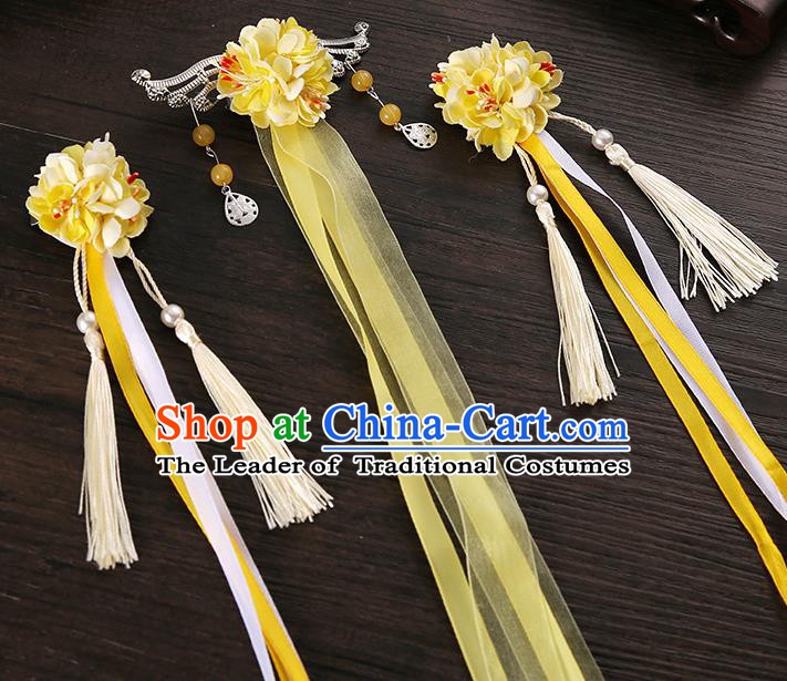 Handmade Asian Chinese Classical Hair Accessories Ancient Yellow Silk Flower Hairpins Headwear for Women