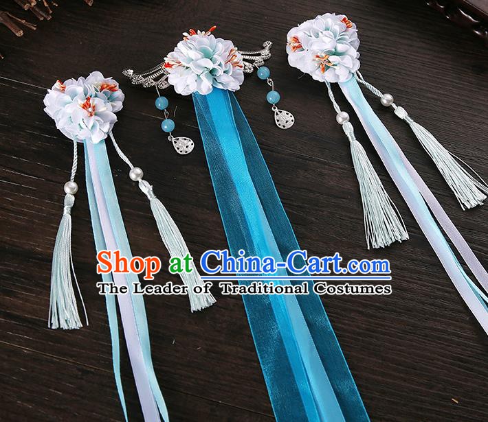 Handmade Asian Chinese Classical Hair Accessories Ancient Light Blue Silk Flower Hairpins Headwear for Women