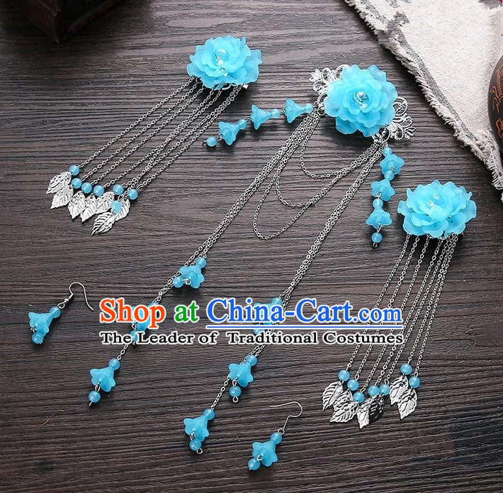 Handmade Asian Chinese Classical Hair Accessories Ancient Blue Flower Hair Stick Hairpins for Women