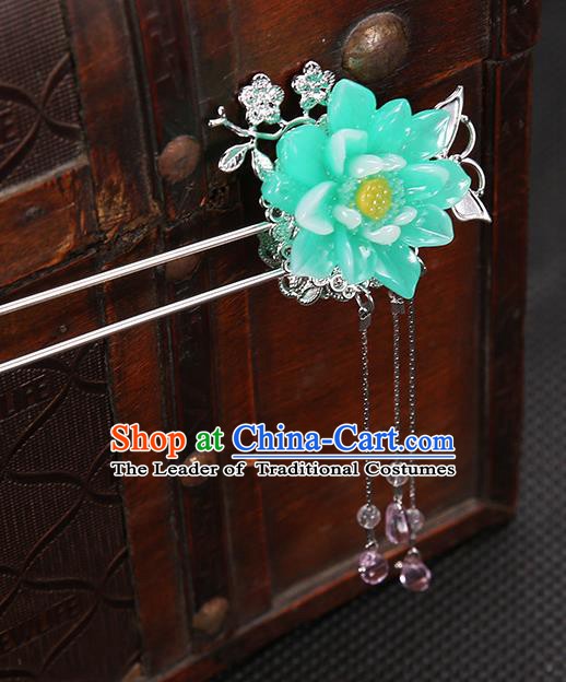 Handmade Asian Chinese Classical Hair Accessories Green Flower Hair Clip Ancient Hanfu Hairpins for Women