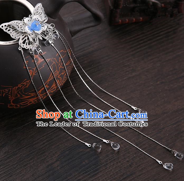 Handmade Asian Chinese Classical Hair Accessories Blue Butterfly Hair Stick Ancient Hanfu Hairpins for Women