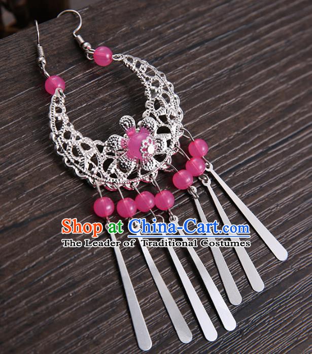 Handmade Asian Chinese Classical Hair Accessories Rosy Beads Tassel Hairpins Hanfu Frontlet Eyebrows Pendant for Women