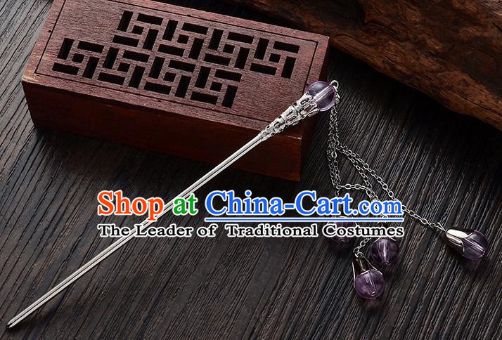 Handmade Asian Chinese Classical Hair Accessories Purple Crystal Beads Tassel Hairpins Hanfu Step Shake for Women