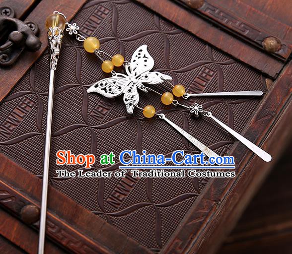 Asian Chinese Handmade Classical Hair Accessories Yellow Beads Butterfly Tassel Hair Clip Hanfu Hairpins for Women