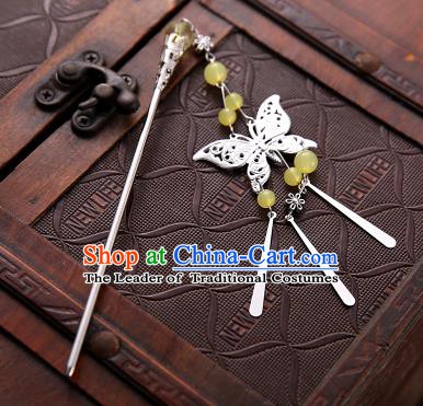 Asian Chinese Handmade Classical Hair Accessories Light Yellow Beads Butterfly Tassel Hair Clip Hanfu Hairpins for Women