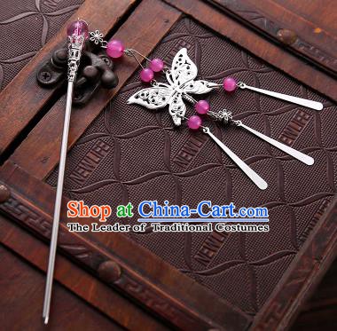 Asian Chinese Handmade Classical Hair Accessories Rosy Beads Butterfly Tassel Hair Clip Hanfu Hairpins for Women