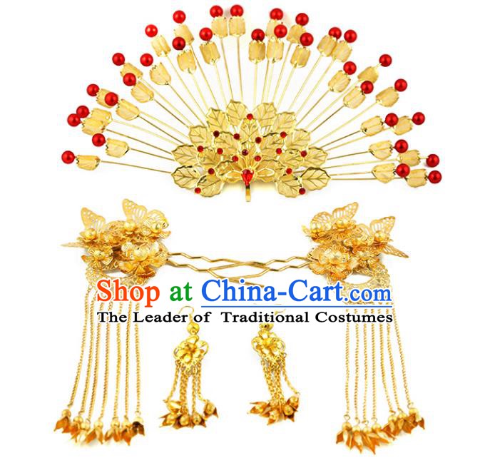 Asian Chinese Handmade Palace Lady Classical Hair Accessories Golden Phoenix Coronet Hairpins Headwear for Women