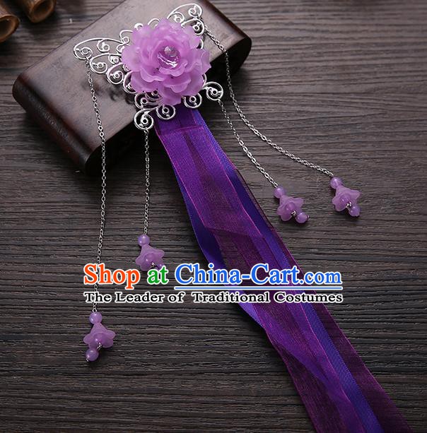 Handmade Asian Chinese Classical Hair Accessories Purple Ribbon Butterfly Hairpins Hanfu Hair Stick for Women