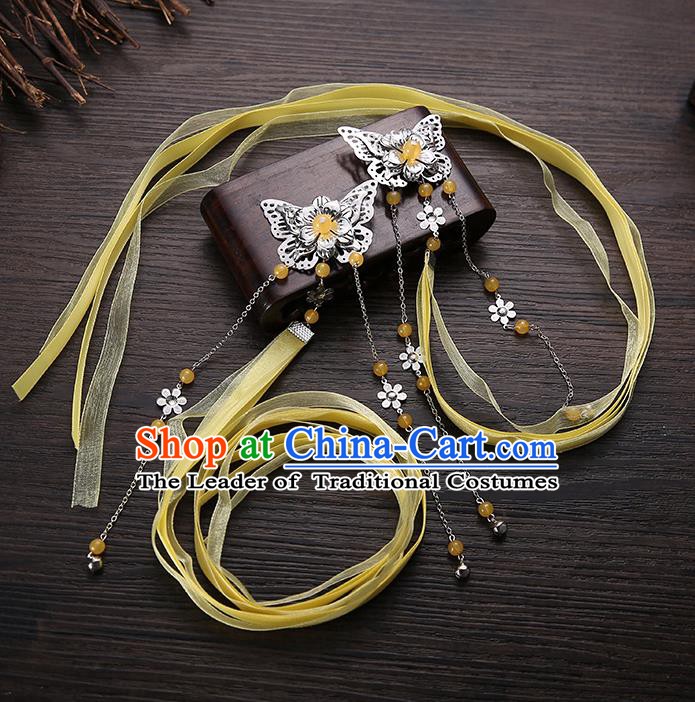 Handmade Asian Chinese Classical Hair Accessories Yellow Silk Ribbon Butterfly Hairpins Hanfu Hair Claw for Women