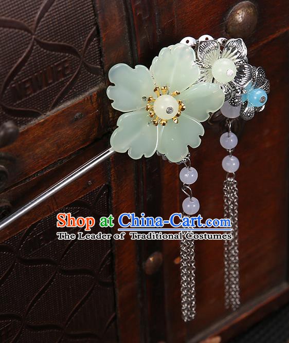 Handmade Asian Chinese Classical Hair Accessories Green Flower Hairpins Hanfu Tassel Step Shake for Women