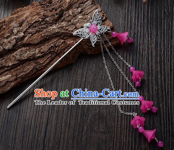 Handmade Asian Chinese Classical Hair Accessories Butterfly Hairpins Hanfu Rosy Tassel Step Shake for Women