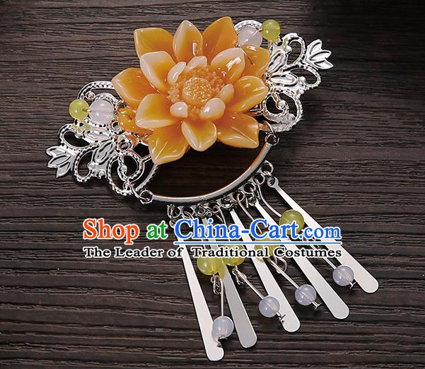 Asian Chinese Handmade Classical Hair Accessories Yellow Flower Tassel Hair Comb Hairpins for Women