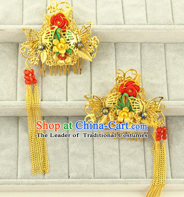 Asian Chinese Handmade Classical Hair Accessories Princess Hairpins Golden Hair Comb for Women