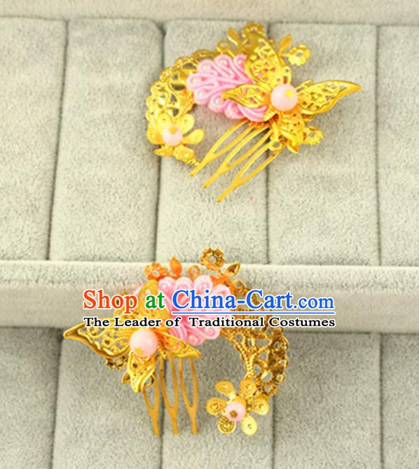 Asian Chinese Handmade Classical Hair Accessories Princess Hairpins Pink Butterfly Hair Comb for Women