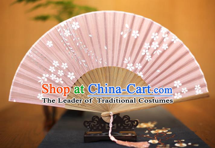 Traditional Chinese Crafts Printing Flowers Pink Folding Fan, China Sensu Paper Fans for Women