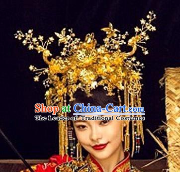 Chinese Handmade Classical Luxurious Hairpins Hair Accessories Ancient Bride Golden Phoenix Coronet for Women