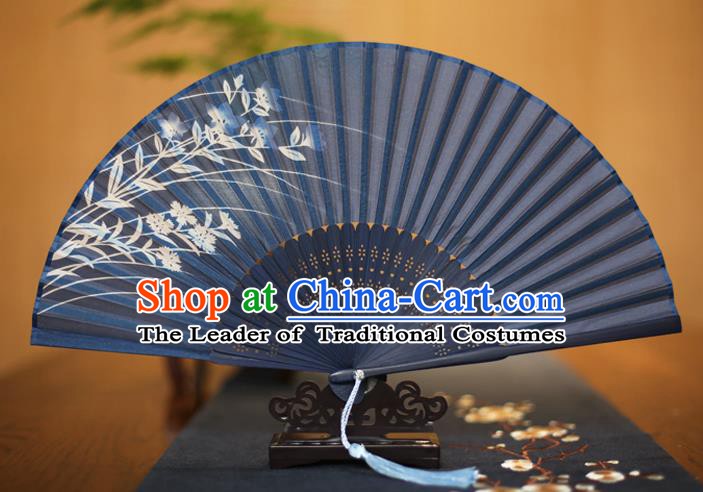 Traditional Chinese Crafts Printing Orchid Blue Folding Fan, China Sensu Paper Fans for Women