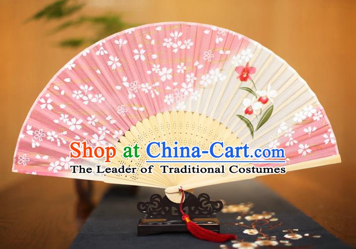 Traditional Chinese Crafts Printing Sakura Pink Folding Fan, China Sensu Paper Fans for Women