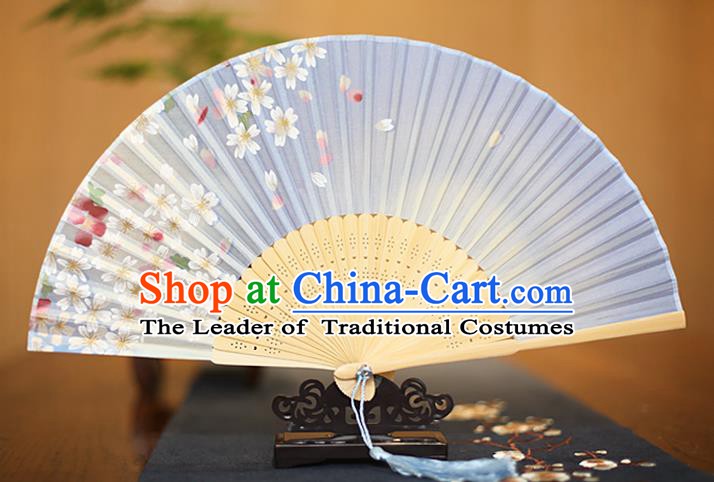 Traditional Chinese Crafts Printing Flowers Blue Folding Fan, China Sensu Paper Fans for Women