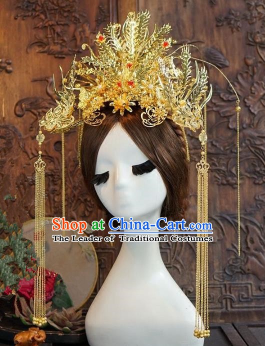 Chinese Ancient Handmade Classical Wedding Hair Accessories Xiuhe Suit Golden Phoenix Coronet Hairpins for Women