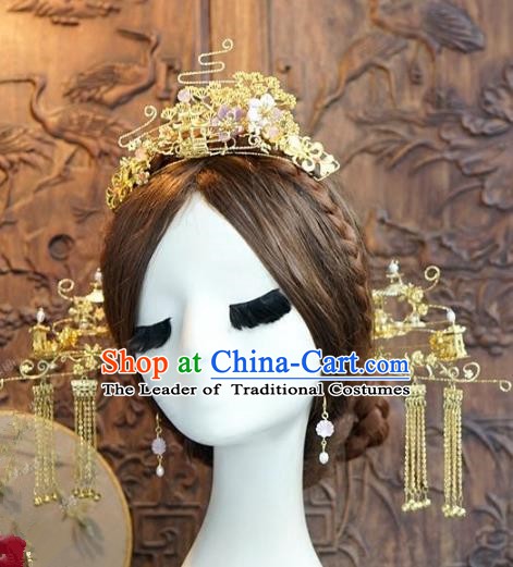 Chinese Handmade Classical Hair Accessories Ancient Palace Lady Golden Phoenix Coronet Hairpins for Women