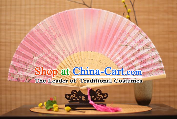 Traditional Chinese Crafts Printing Flowers Pink Folding Fan, China Sensu Paper Fans for Women