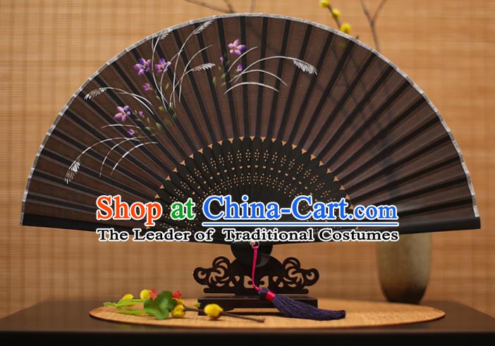 Traditional Chinese Crafts Printing Orchid Black Folding Fan, China Sensu Paper Fans for Women
