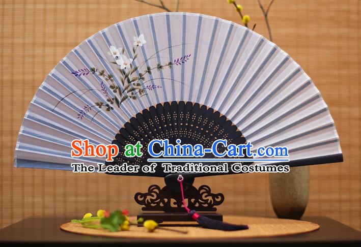 Traditional Chinese Crafts Printing Orchid Blue Folding Fan, China Sensu Paper Fans for Women