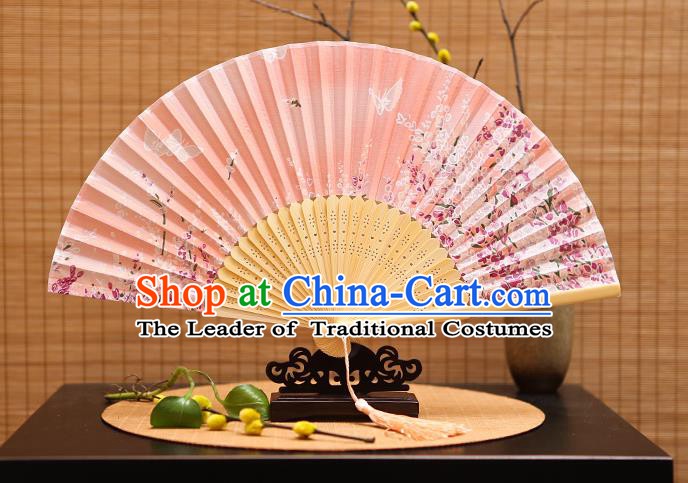 Traditional Chinese Crafts Printing Flowers Butterfly Pink Folding Fan, China Sensu Paper Fans for Women