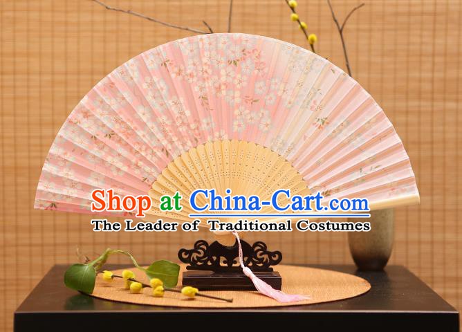 Traditional Chinese Crafts Printing Flowers Pink Folding Fan, China Sensu Paper Fans for Women