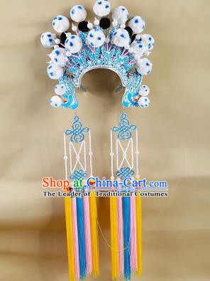 Chinese Beijing Opera Warriors White Venonat Headpiece, China Peking Opera Blues Helmet