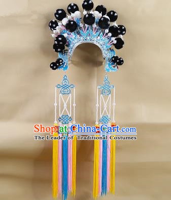 Chinese Beijing Opera Warriors Black Venonat Headpiece, China Peking Opera Blues Helmet